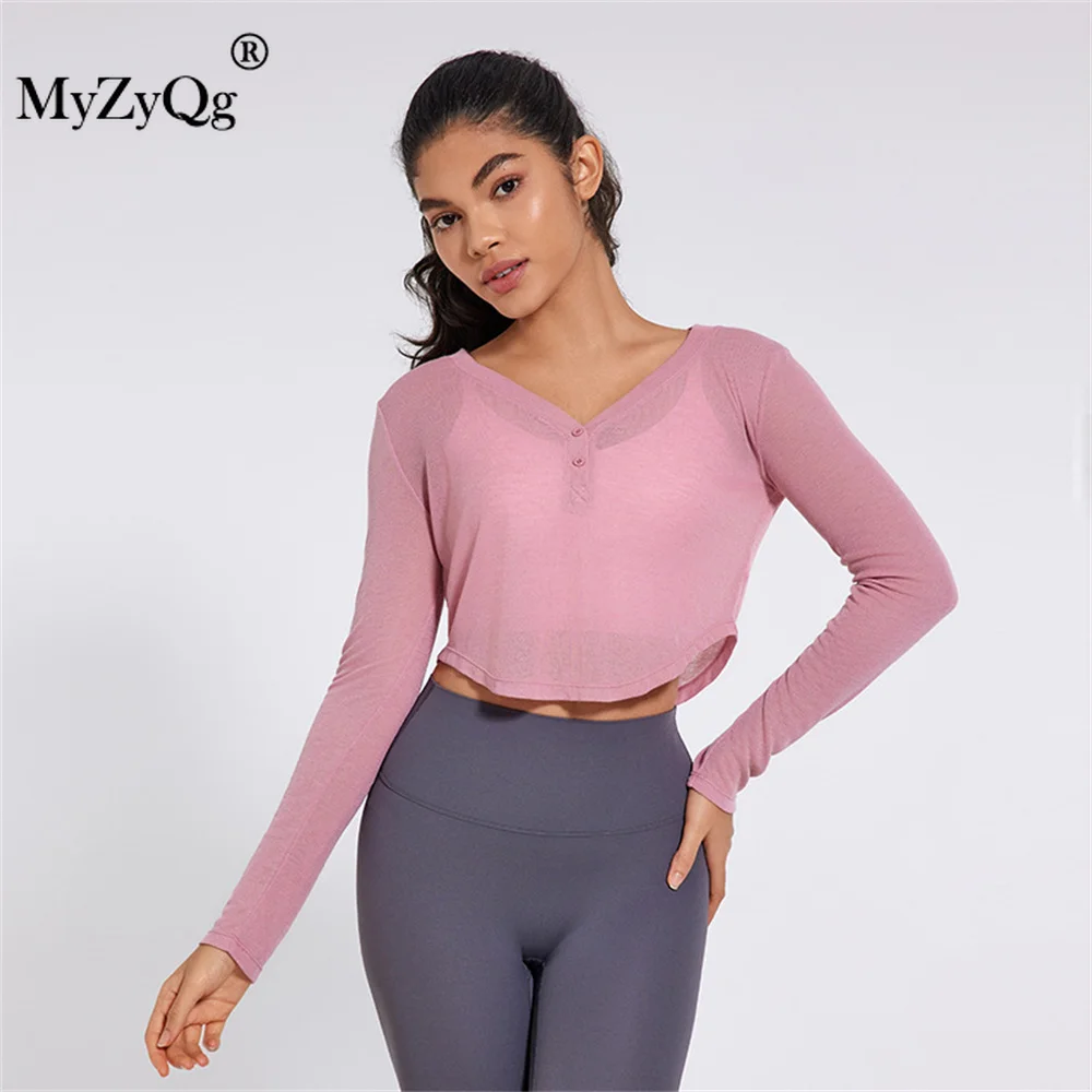 MyZyQg Women V-neck Sports Smock Long-sleeved Loose T-shirt Casual Soft Drape Light Fitness Tops Running Yoga Clothing