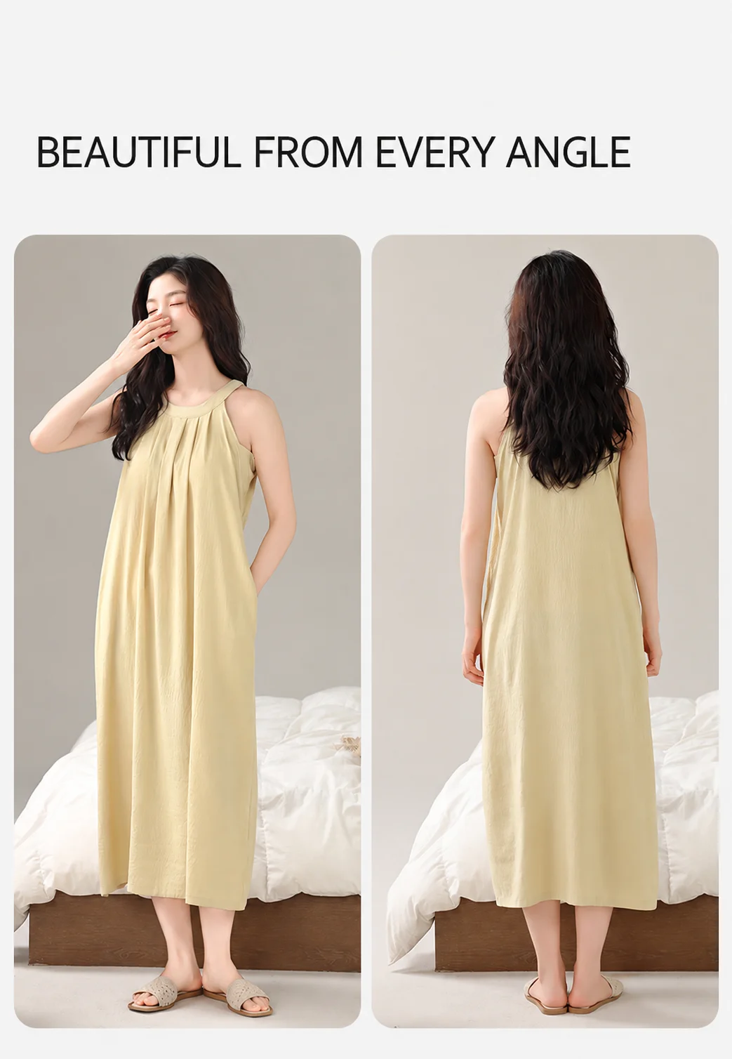 Damen Gepolstertes Ärmelloses Nachthemd mit Eingebautem BH, Herausnehmbaren Polstern, Langes, Weiches Schlafkleid, Sommer-Loungewear, Hauskleid mit Tasche – Detail 24