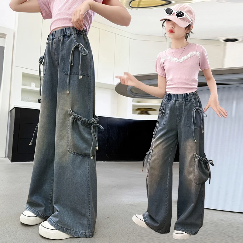 

Stylish Children Spring Autumn Loose Straight Cargo Jeans with Side Pocket for Teenage Girls High Fashion Denim Pants Age 4-14 Y