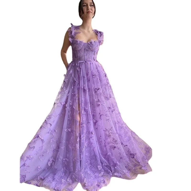 3D Butterfly Prom Evening Dress Lace Applique Princess Women Embroidery Mesh Tulle Lace Party Graduation School Party Gown