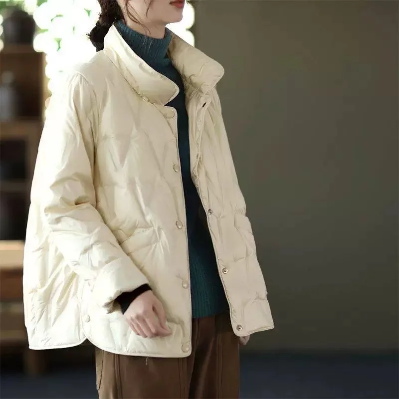 Autumn Winter Light White Duck Down Coat Parkas Women Short Warm Down Jacket Female Long Sleeve Single Breasted Bigsize Outwears