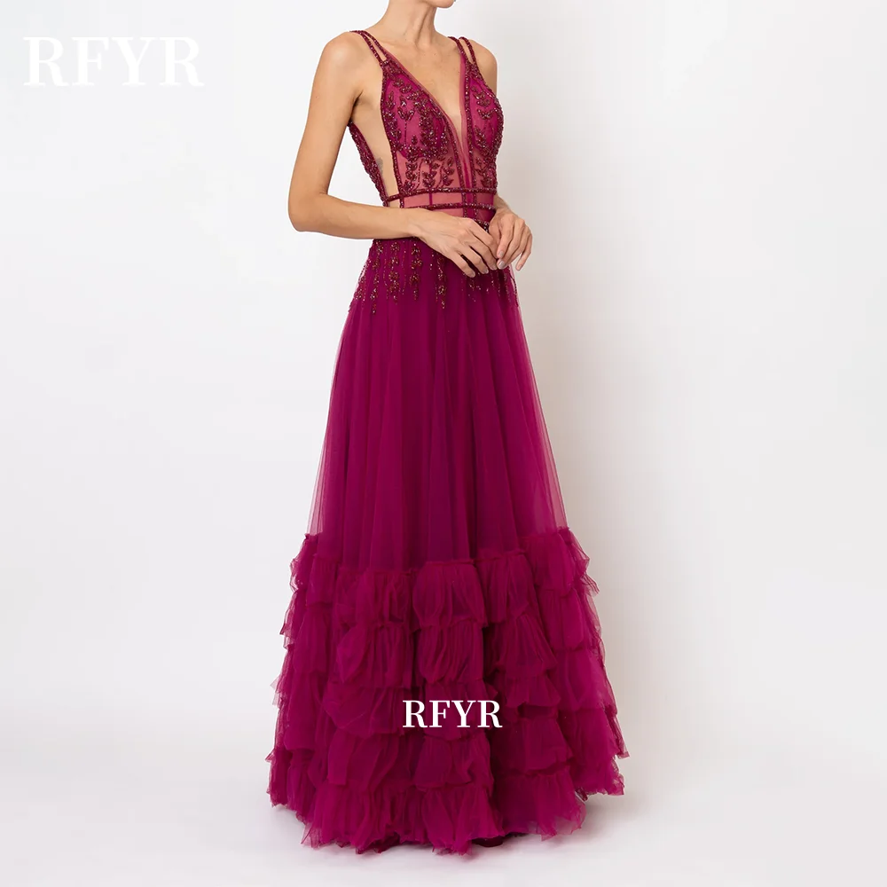 RFYR A Line Evening Gown Tulle Elegant Prom Dress Spaghetti Strap Wedding Evening Dress With Appliques Beading robes de soirée