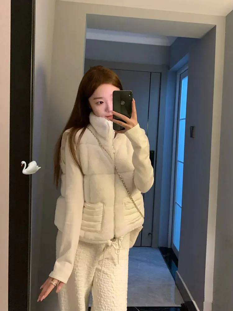 2025 Autumn/Winter Luxe Plush Stand-Collar Zip-Front Padded Down Vest with Pockets for Warmth