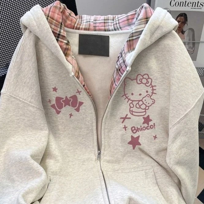 

Sanrio Hello Kitty women's Hoodie Pullover coat tops Jacket Cotton Petite Autumn Wear Cute Korean Style Color Block Patchwork