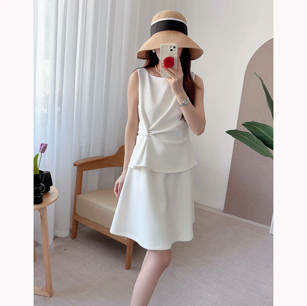 E e divertido ~ verão de um ombro sem mangas cintura apertada nó 3D psado  vestido falso de duas peças