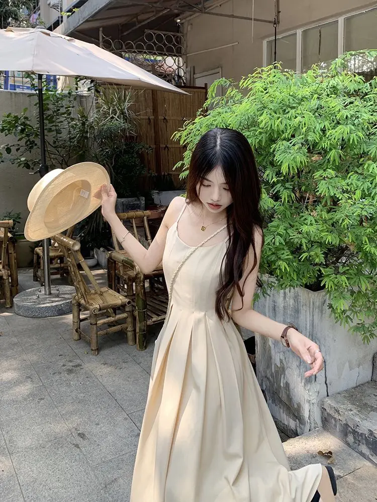 Korea Sleeveless Midi Dress Women Holiday Gentle Vintage Simple Leisure Elegant Sweet Summer A-line Temperament Vestidos