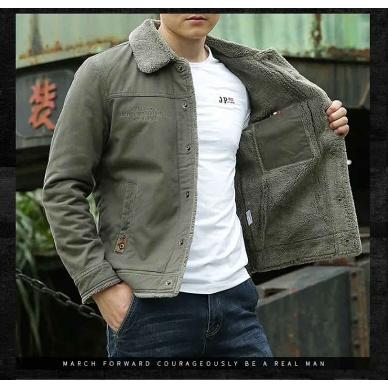 Men\'s Cotton Simple Casual Jacket Plush Thick Loose Winter Warm Coat