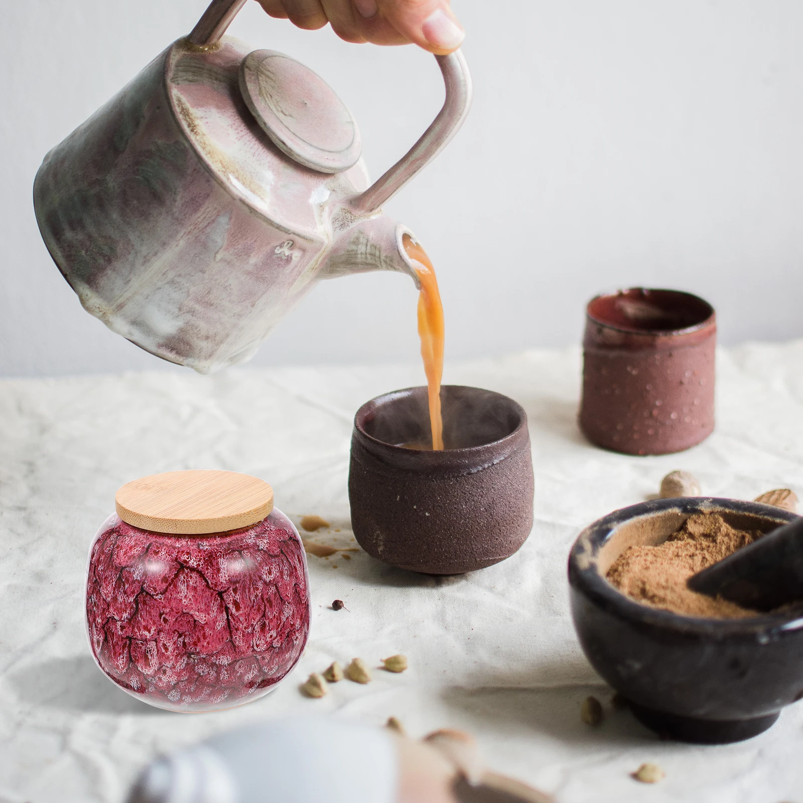 

Ceramic Tea Canister Storage Jar 100ml Sealed Lid Kitchen Wood Holder Moisture Proof Ideal Gift Box Tea Coffee Candy
