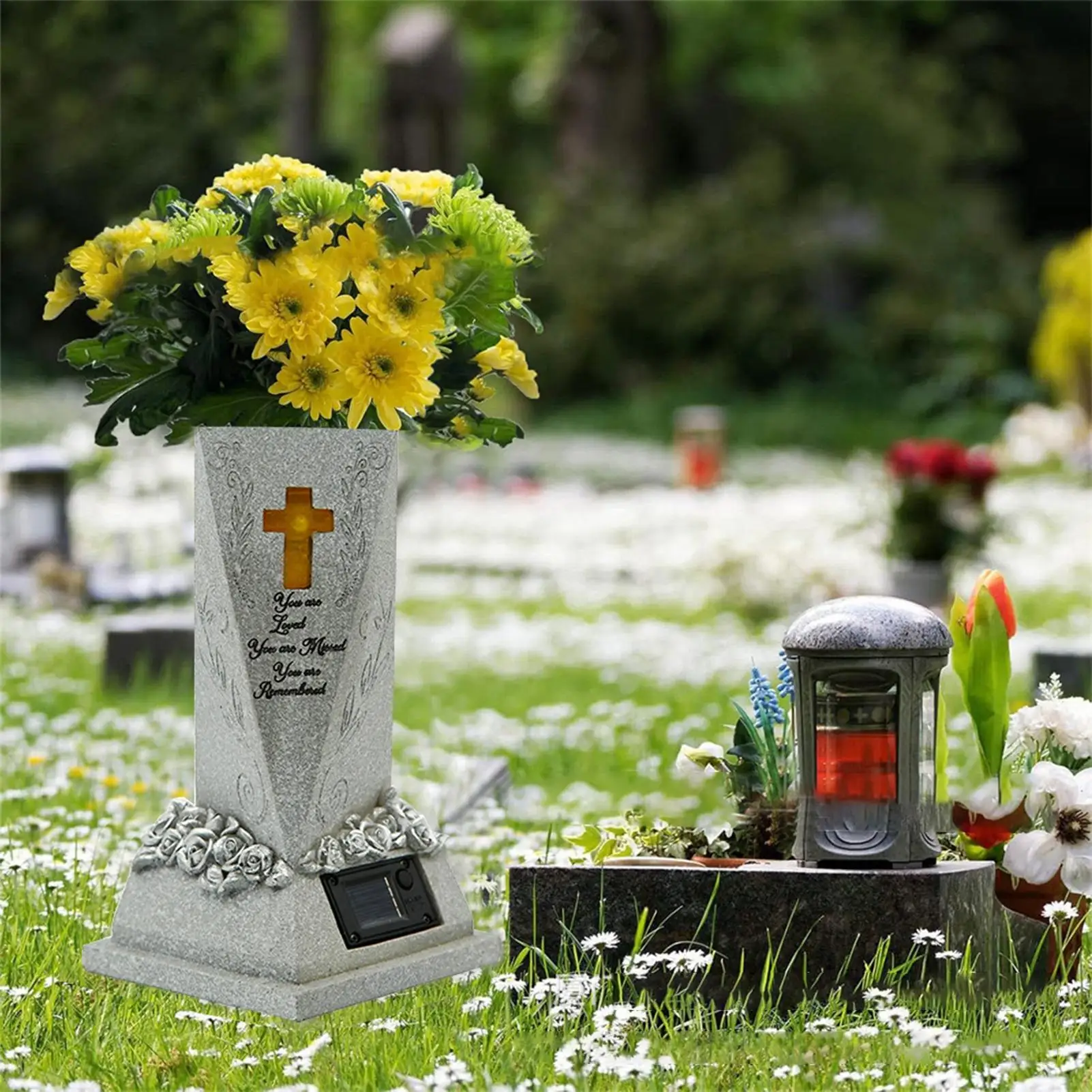 Cemetery Vases For Grave Resin Decoration Waterproof With LED Cross Light Cemetery Flower Holder For Lawn Garden Courtyard