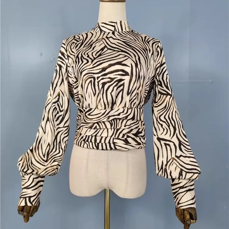 Elegancka, gładka tkanina, wysokiej jakości stójka, wzór zebry, rękaw typu latarnia, bluzka damska premium, wysoka jakość, transgraniczna...