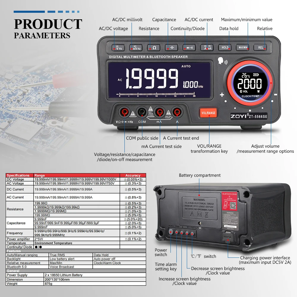 ZT-5566SEAPP Bluetooth řada chytrý digitální high-precision multimetr anti-burn křivit datový monitoring hlas plocha electr