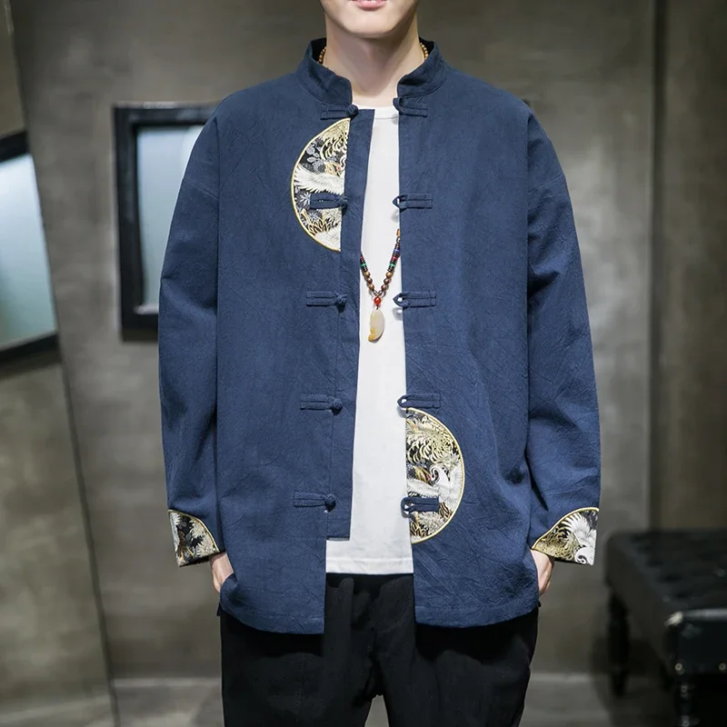 

2025 Chinese Style Men's Embroidered Jacket Split Joint Long Sleeve Buckle Tang Han Suit Traditional Chinese Clothing 5XL