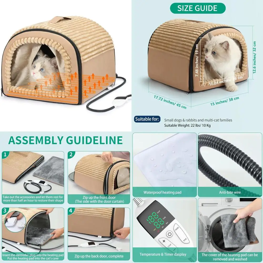 Cozy Washable & Foldable Heated Cat Cave Bed for Indoor Cats & Small Dogs, Removable Cushion, 17.72x14.96x12.6 inches, Brown