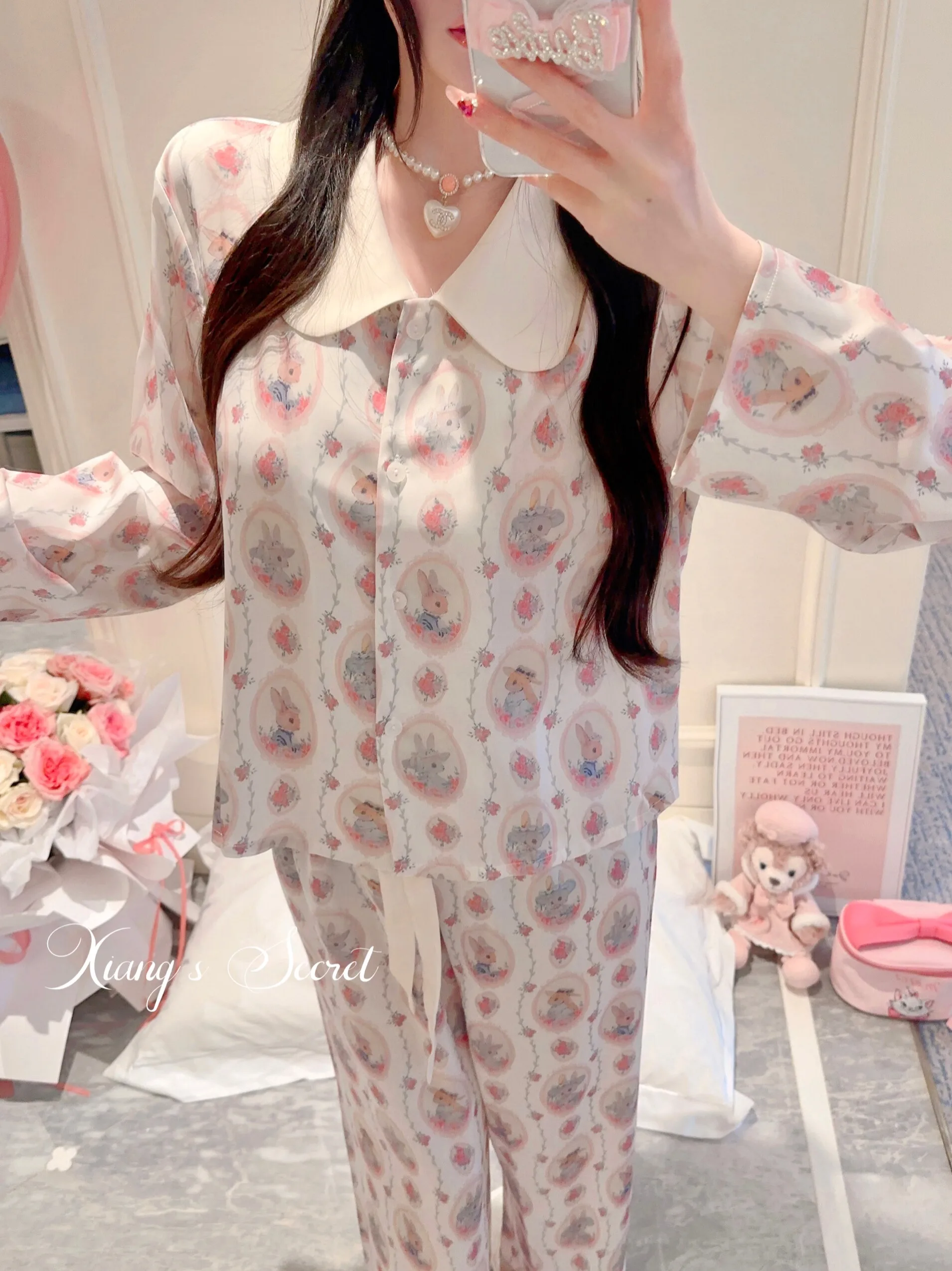Japanese Sweet Girl Original Doll Collar Long-sleeved Ice Silk Loungewear Casual Cartoon Doll Feeling Cool Breathable Pajama Set