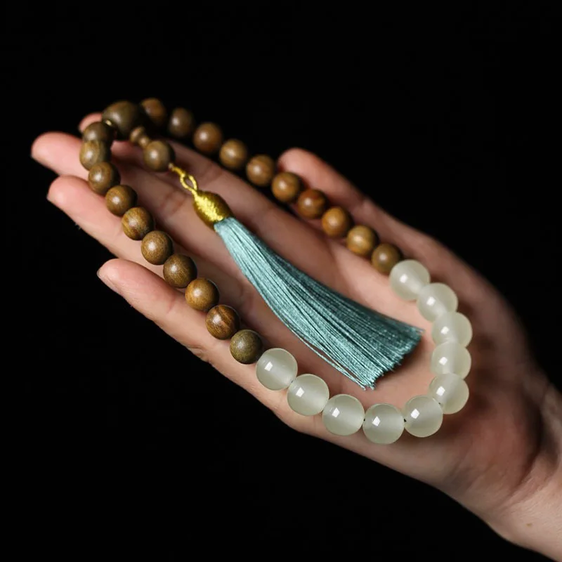 Natural Argentina Guajacwood Bracelet 108 Buddha Beads Rosary Vintage Woven Ornament Women's Bracelet Luminous Tassel Pendant