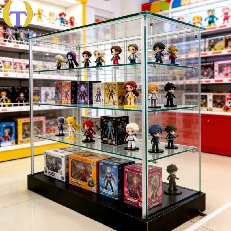 custom.Full Tempered Glass Display Cabinet Barrister Shelves LED Lighting Eco-Friendly Waterproof | Heavy Duty Black Show