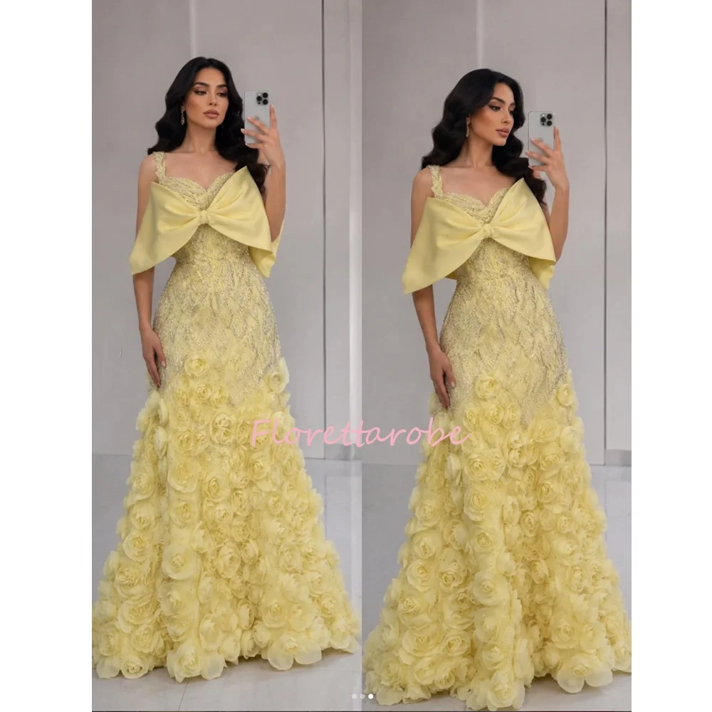 

Charming Yellow Evening Gown Romantic 3D Floral Bow Detail Sparkly Beaded Wedding Guests فساتين سهرة Prom Dresses With Bow
