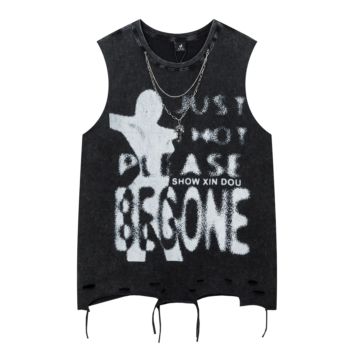 High Street American Vintage Washed Hole Ripped Vest Oversized Letter Printed Distressed Tank Top for Men\'s Casual Clothing Y2k