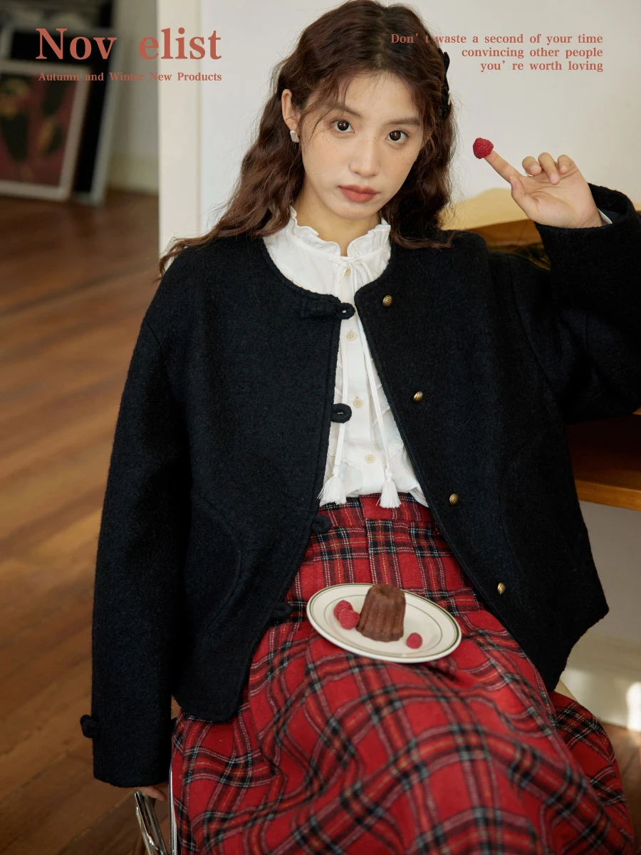 

Nov Et Winter New Woolen Coat round Ne Loose ort Fem Woolen Outerwear Retro Sle Long Sve Single Button Closure
