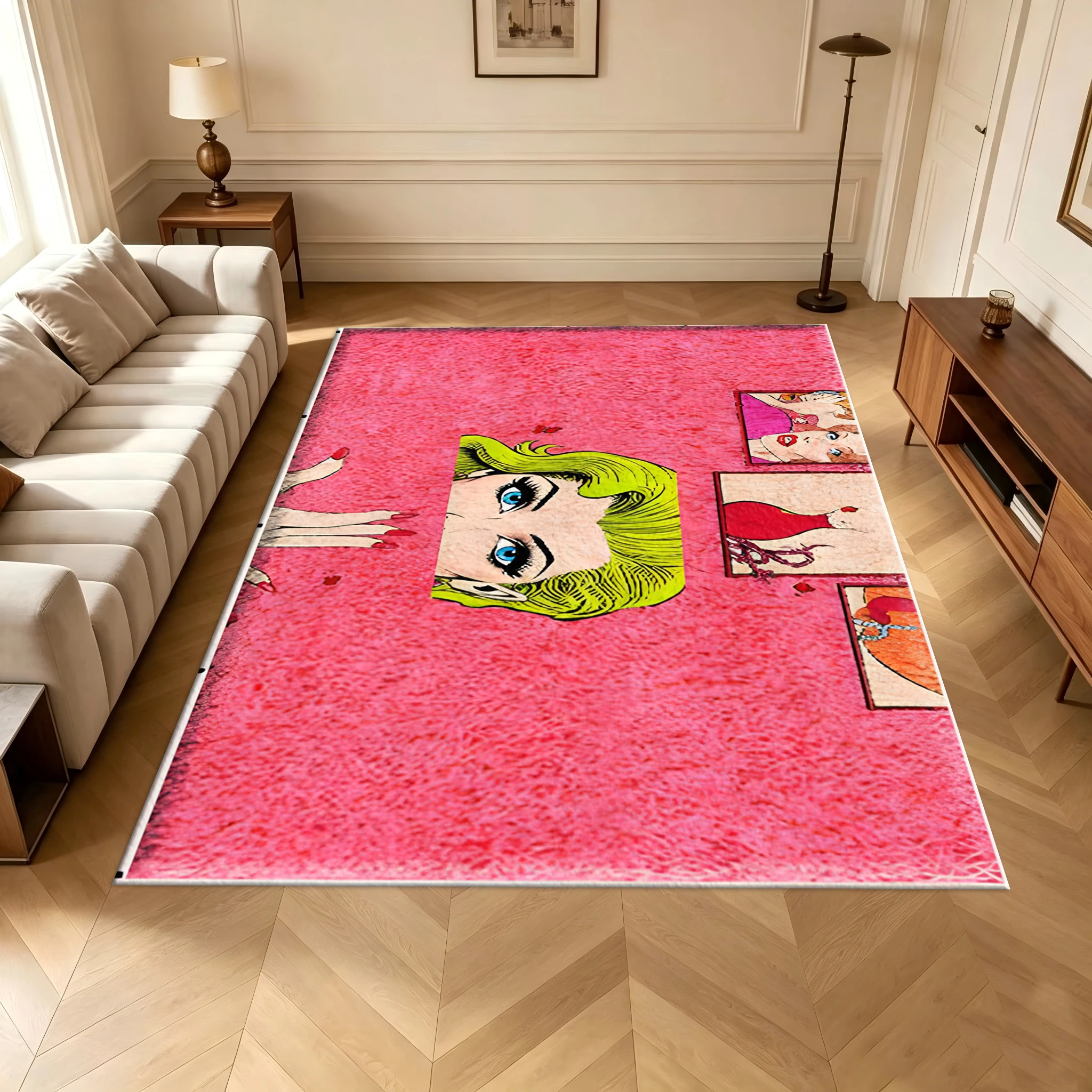 Pop Art Art Blonde Girl Comic Print Carpet Pink Background Vintage Cartoon Floor Mat Carpet