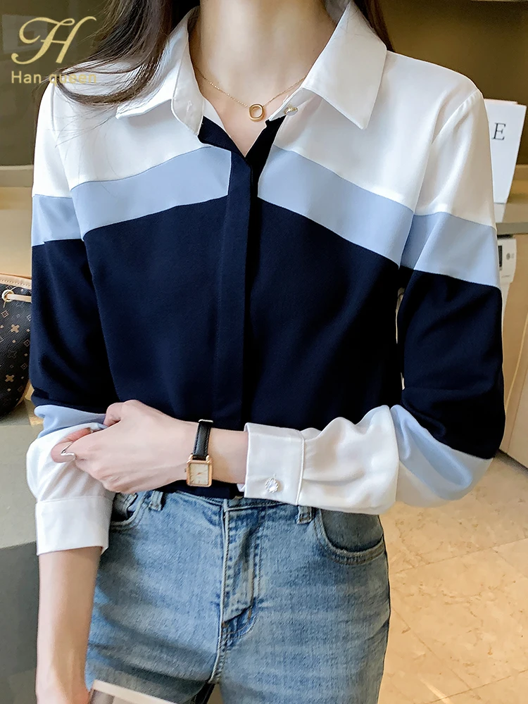 H Han Queen New Autumn Women Vintage Color Contrast Ladies Tops Chiffon Long Sleeve Casual Blouse Female Work Office Shirts