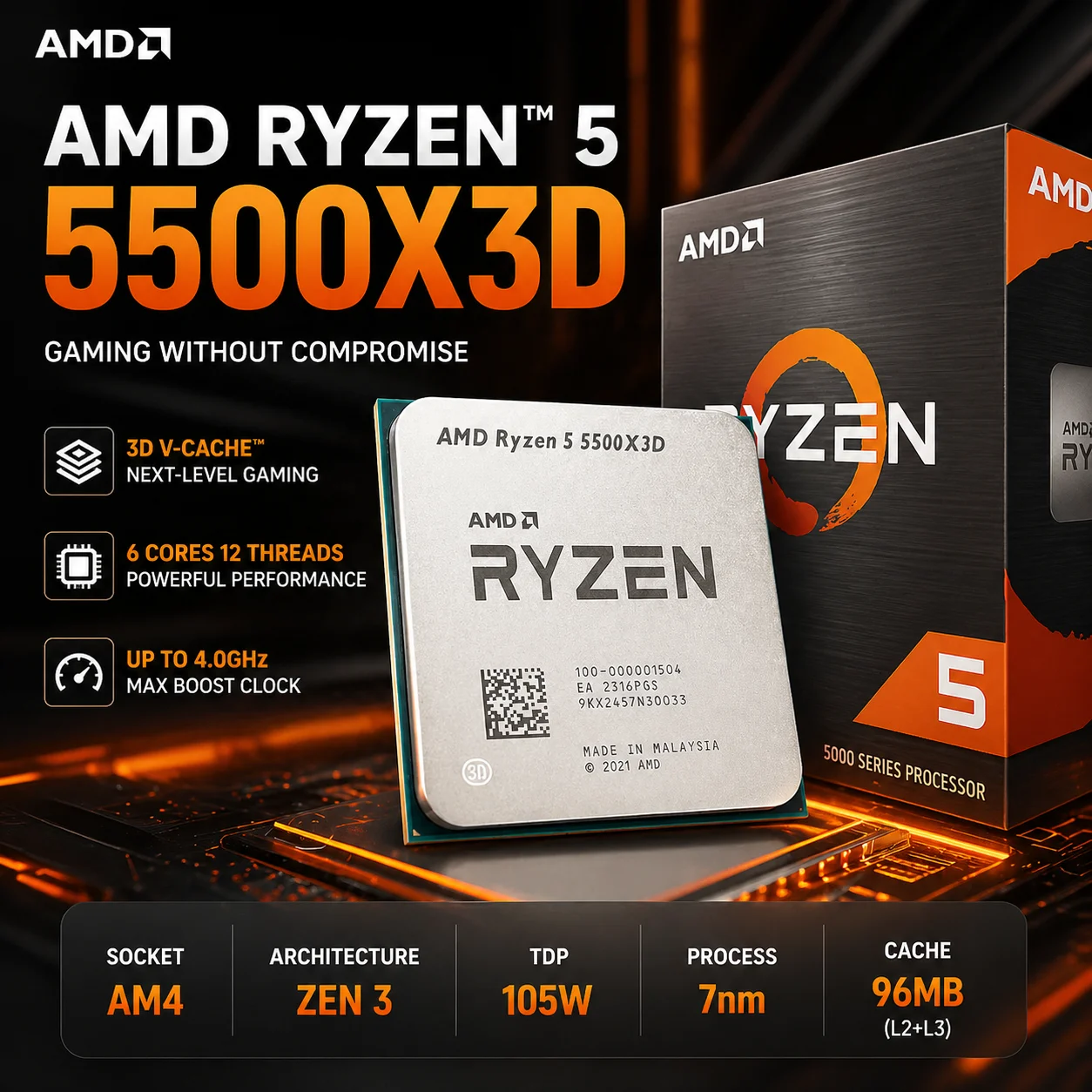 Nieuwe AMD Ryzen 5 5500X3D R5 5500X3D Gaming Processor 3.0GHz 6-Core 12-Thread 96M L3 Cache Socket AM4 105W 7NM DDR4 Desktop CPU Zonder Koeler