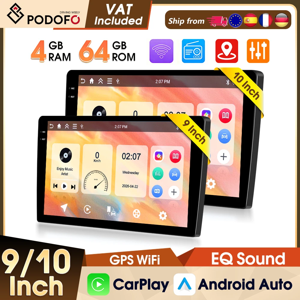 Podofo 9/10" 4+64G Universelles Autoradio Stereo Kabelloses CarPlay Android Auto Autoradio WIFI GPS FM RDS Bluetooth Auto-Multimedia-Player