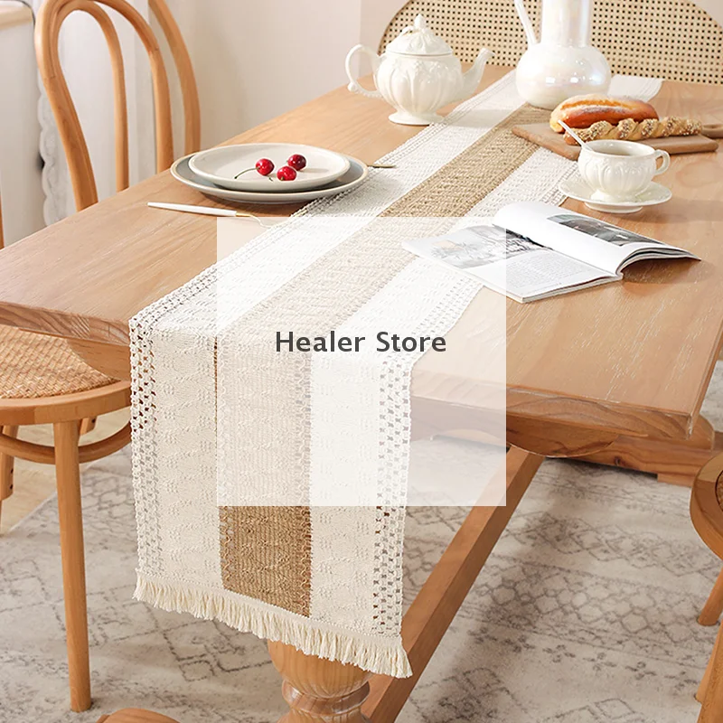 1Pc Simple Table Runner Cotton Jute Splicing Bohemian Style Table Runners With Tassels Dining Home Table Decoration