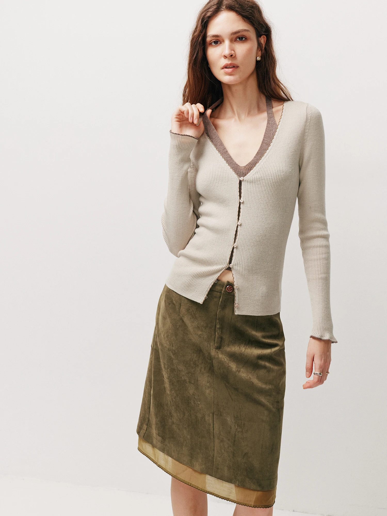 Layered Splicing Suede  Skirt Caramel Brown Straight Leg Wrap Body Skirt Women's mid Waist Polyester Fiber Elastic Fiber