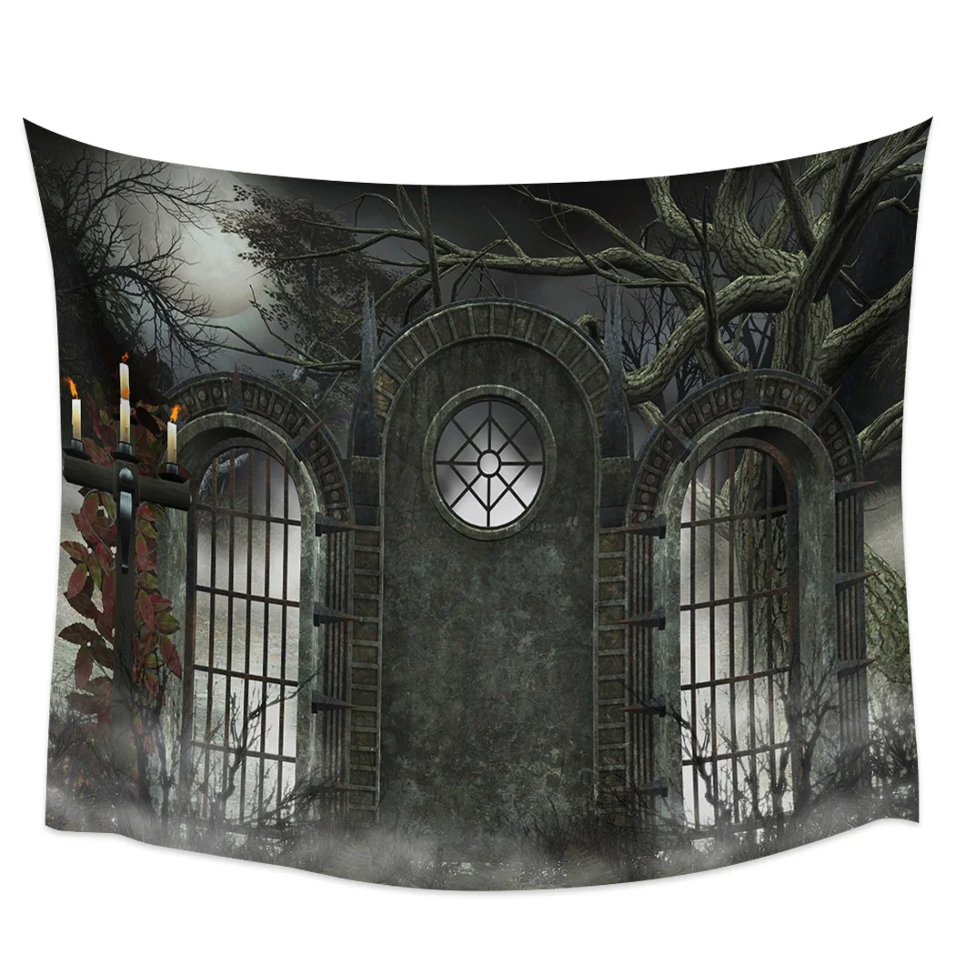 Halloween Gothic Architecture Horror Nights Black Wall Tapestry Holiday Cemetery Home Decor Large Wall Hanging Tapestry Backdrop