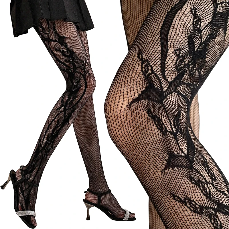 Summer Fashion Women's y2k Side Vine-Patterned Fishnet Tights See-through Black Floral Lace Tights Ladies Nylon Net Pantyhose