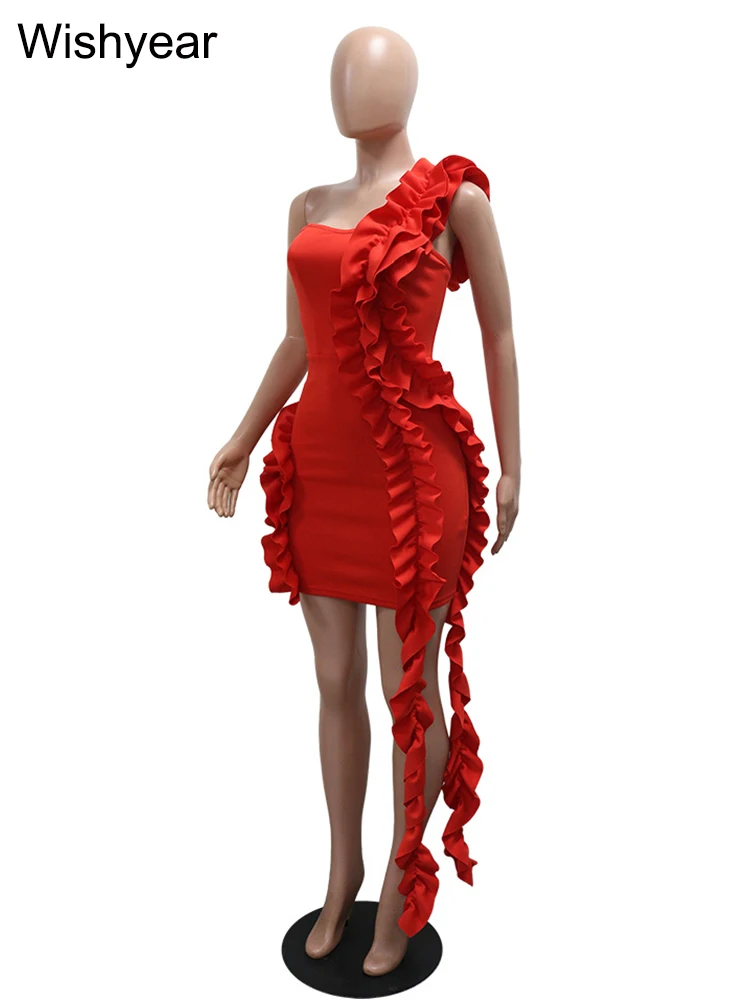 ใหม่ไหล่เดี่ยวBackless Ruffleมินิเดรสผู้หญิงฤดูร้อนเซ็กซี่Ruched Patchwork Bodycon StreetwearวันเกิดVestidos 2025