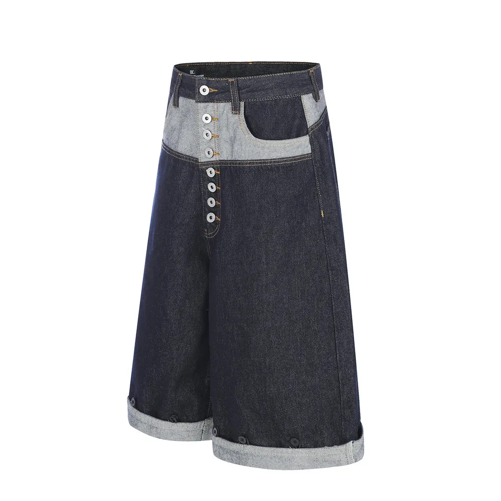 MWJLPWQ Multi Button Denim Shorts Patchwork Contrast Waistband Cuffed Hem Detail Oversized Cut Unisex Retro Street Shorts 17164