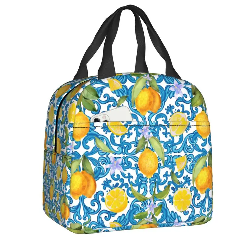 Summer Fruit Lemons Mediterranean Tiles Lunch Box Thermal Cooler Food Insulated Lunch Bag School Reusable Picnic Tote Bags