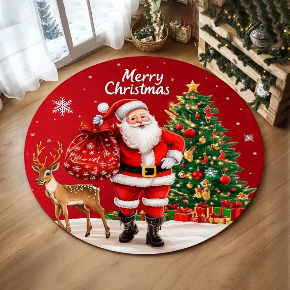 Holiday Seasonal Decor Round Snowflake Tree Design Carpet Non-Slip Area Rugs for Cozy Living Room Bedroom Floor Mat