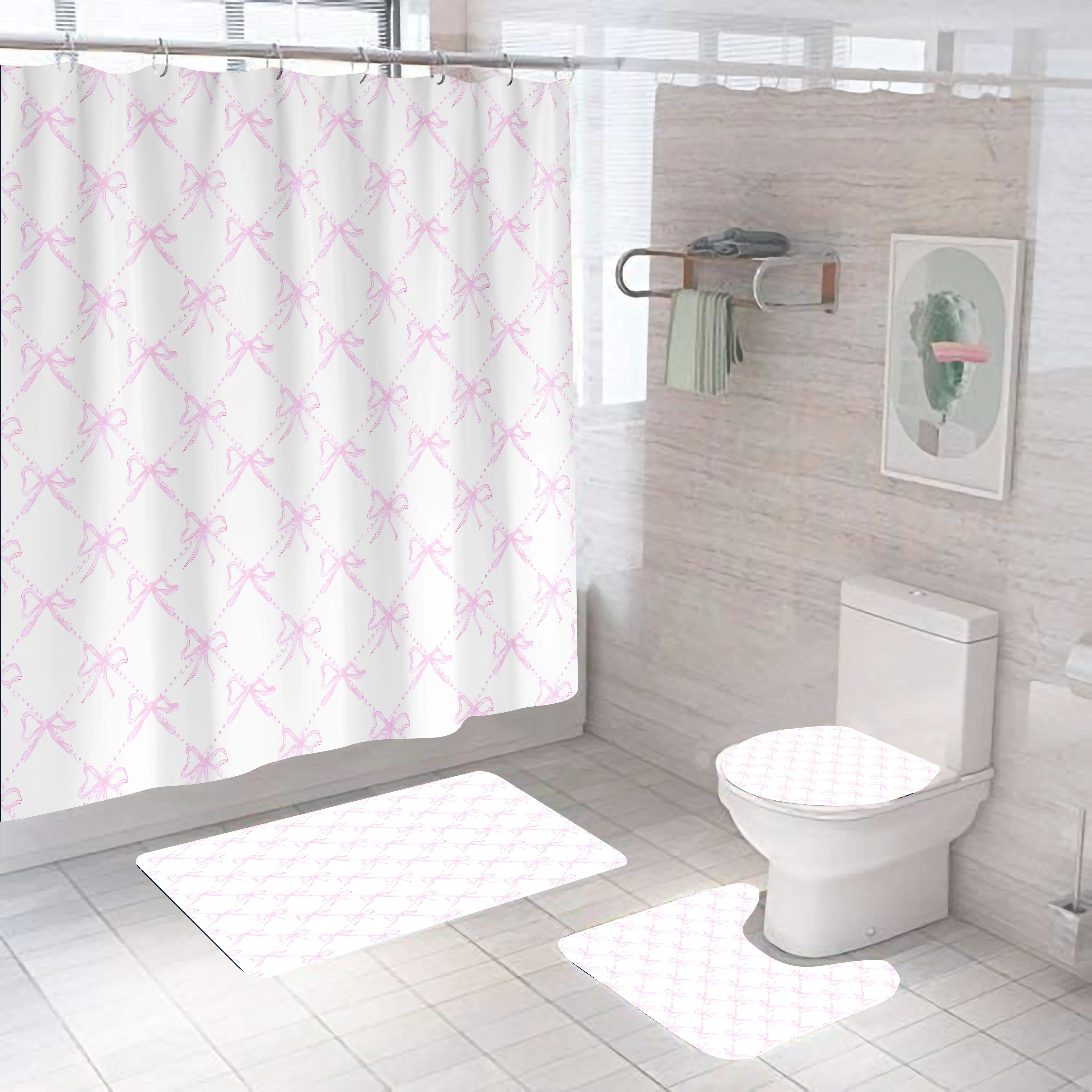 

Pink Bow Girls Shower Curtain Polyester Waterproof Fashion Bathroom Floor Mat Toilet Set Bath Accessories Mildew Proof