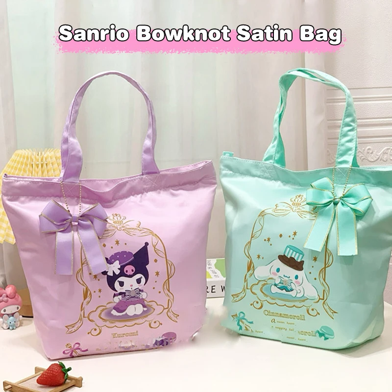 Kawaii Sanrio Hello Kitty Handbag Cinnamoroll Kuromi Melody Bowknot Satin Cosmetic Bag Zipper Storage Bag Lunch Bag