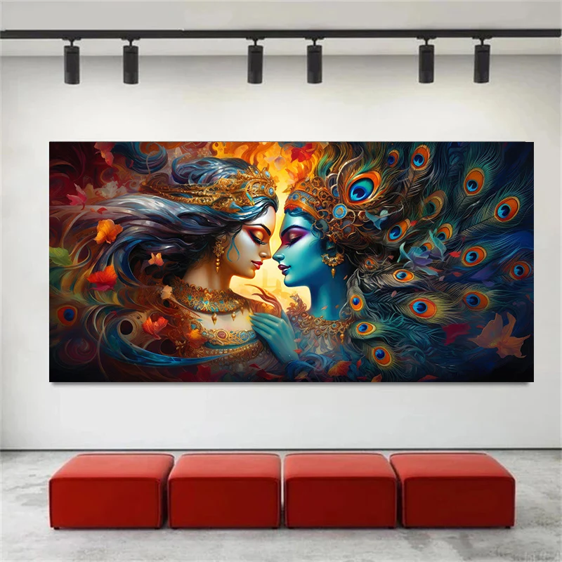 Sacred Krishna and Radha Hindu Canvas Painting Hindu Vaishnavite Tradition  Abstract Print  Religious Wall Art Room Home Decor