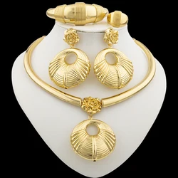 African Plated Jewelry Set for Women Hoop Earrings and Pendant Set Italian Color Weddings Bangle Ring Jewellery
