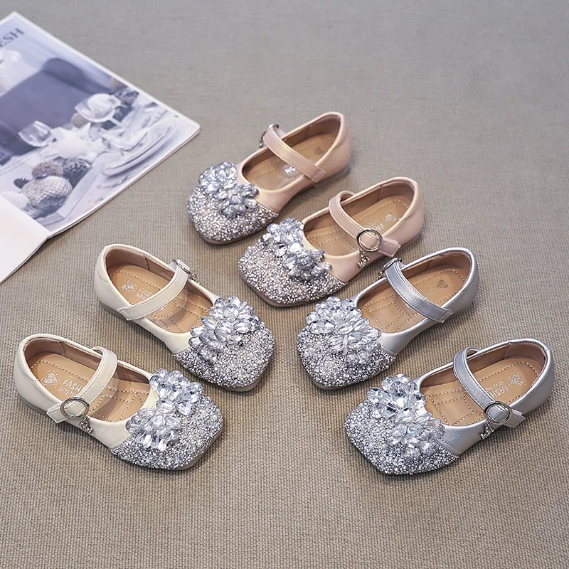 

Туфли на плоской подошве для девочек, детские туфли принцессы с блестящими кристаллами, нескользящая обувь с квадратным носком, весна-осень 2023, танцевальная обувь для девочек, вечерние, свадебные, Ins