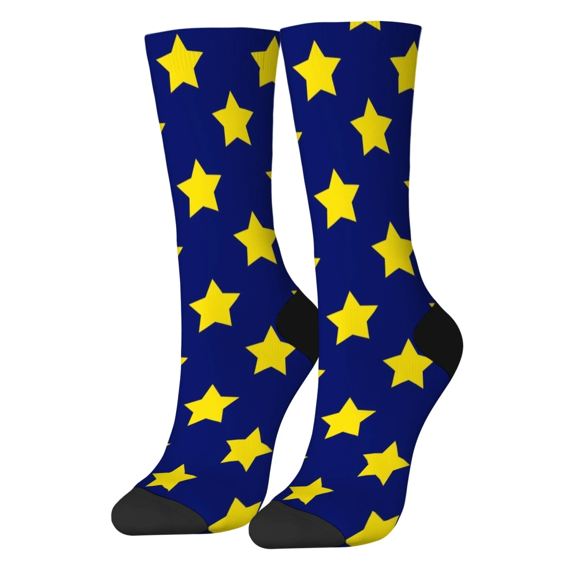 Chaussettes unisexes minimalistes Star Art Crew Trippy Trend Art avec fond bleu étoiles jaunes douces pour un usage quotidien et les amateurs de tendance