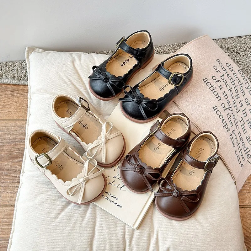 

New Cute Beading Mary Jane Shoes Kids Low Heel Girls Evening Party Dress Shoes Black White School Shoes for Children with Bow