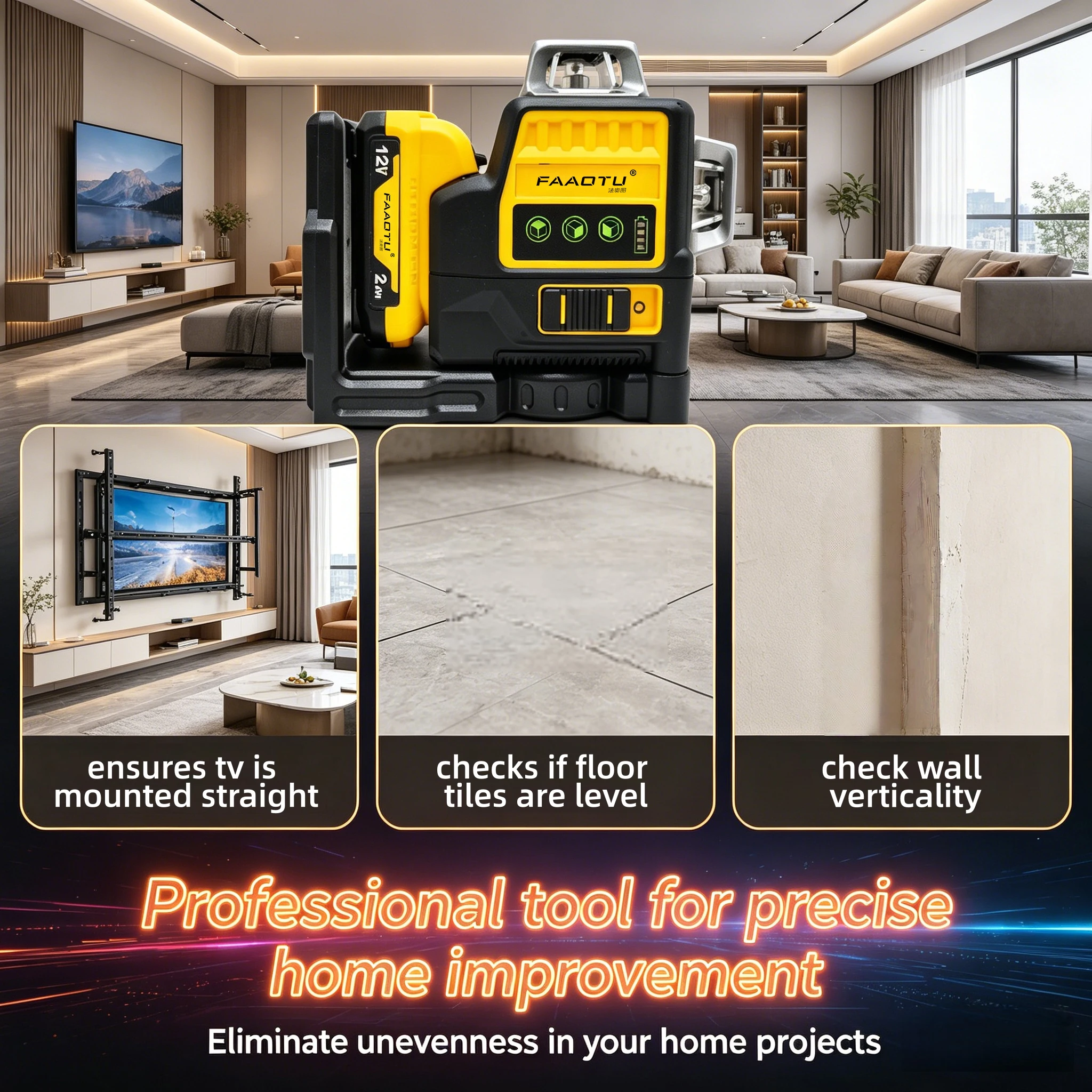 FAAOTU 12V Green Beam Laser Level, Same Tough Reliability as DW, Perfect for Construction Suitable for DW battery