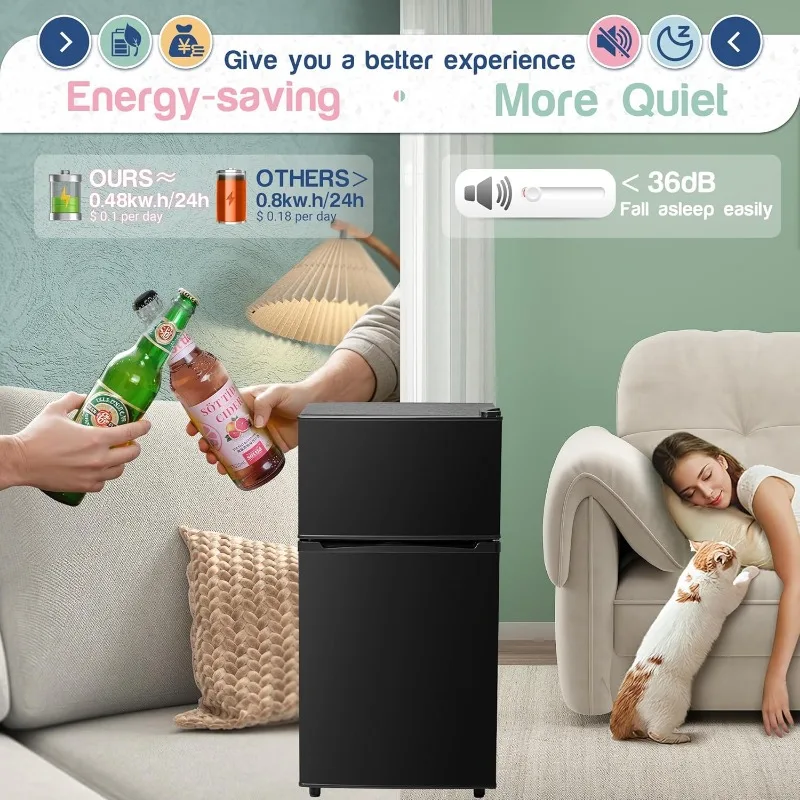 Mini Fridge with Freezer, 3.5 Cu.Ft 2 Door Design, Small Refrigerator with Large Capacity, Equipped with Quieter Compressor