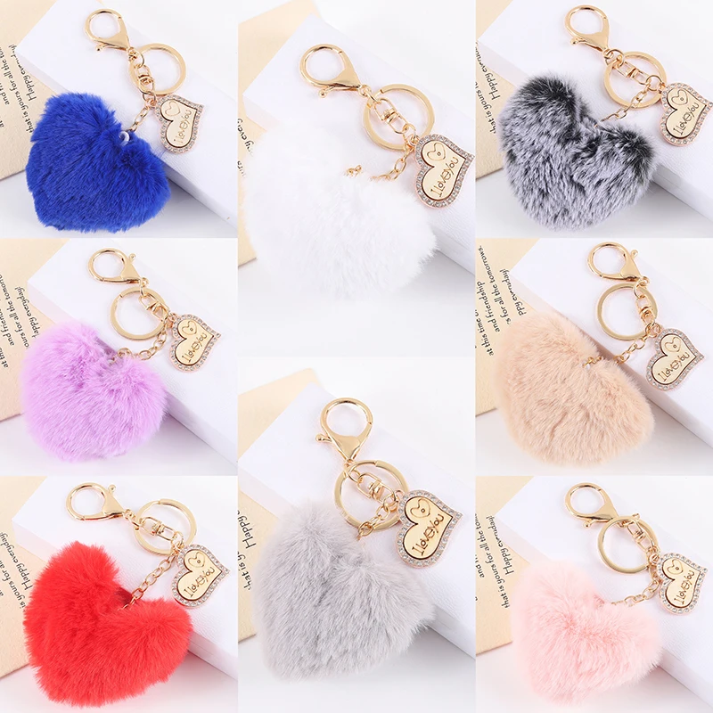 New Fluffy Love Pompon Keyring Jewelry Soft Heart Pompom Plush Ball Keychain For Women Car Bag Pendant Fashion Jewelry