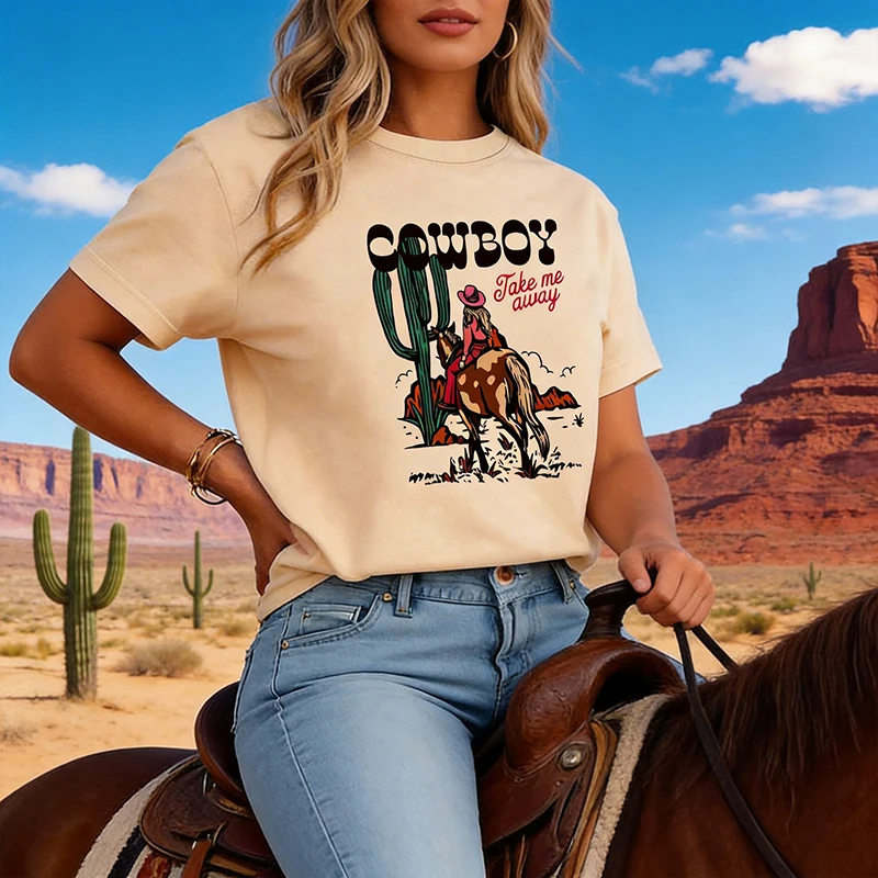 Damen-T-Shirt mit Rundhalsausschnitt und Buchstaben-Aufdruck, Kaktus-Motiv, modisches Kurzarm-T-Shirt für den Sommer, lässige Cowboy-T-Shirts, Oberteile, 90er-Jahre-T-Shirt-Kleidung