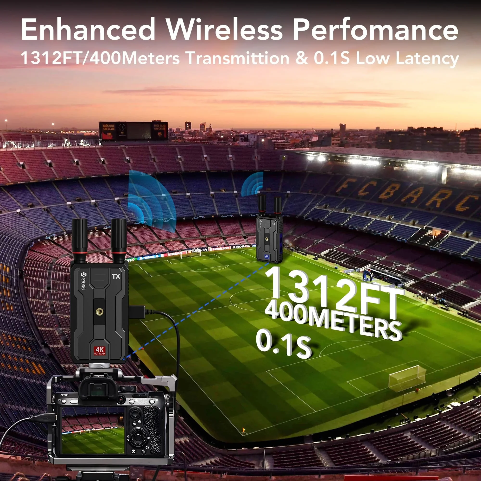 SYONG Wireless HDMI 4K Transmitter Tx Rx 400m Extender 1312FT Support 2.4G/5G Outdoor Shooting with Battery for Camera Projector