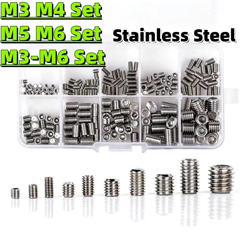M3 M4 M5 M6 Stainless Steel Grub Screws Assortment Kit Flat Head Hex Socket Head Set Screw Set Grub Headless Bolts