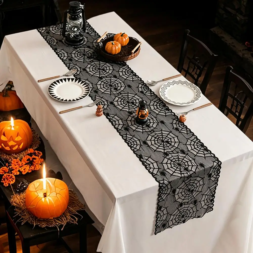 Halloween Tablecloth Spider Web Table Runner Lace Table Runner Black Spider Web Decor Halloween Dining Table Accent