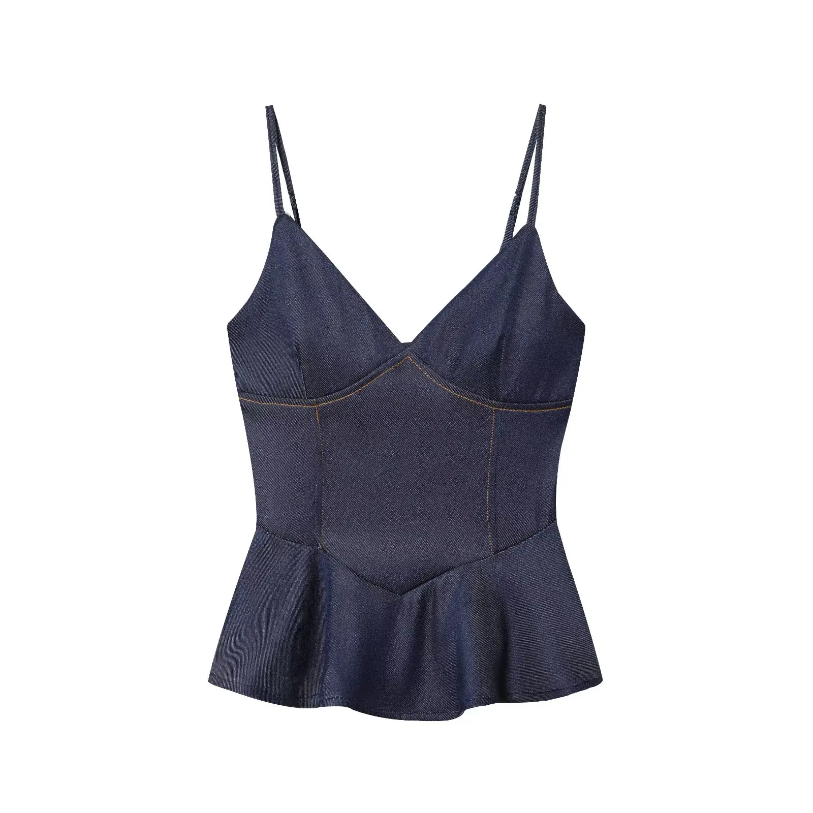 

PB&ZA2025 women's summer new style ruffled hem casual elegant twill V-neck short-sleeved suspender top